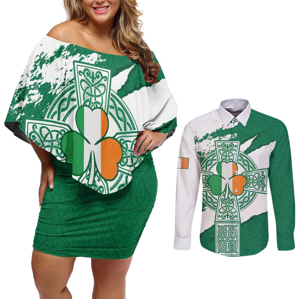 Ireland Celtic Cross Couples Matching Off Shoulder Short Dress and Long Sleeve Button Shirt Irish Flag Shamrock - Wonder Print Shop
