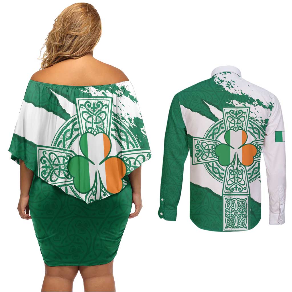 Ireland Celtic Cross Couples Matching Off Shoulder Short Dress and Long Sleeve Button Shirt Irish Flag Shamrock - Wonder Print Shop