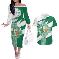 Ireland Celtic Cross Couples Matching Off The Shoulder Long Sleeve Dress and Hawaiian Shirt Irish Flag Shamrock - Wonder Print Shop