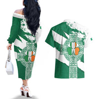 Ireland Celtic Cross Couples Matching Off The Shoulder Long Sleeve Dress and Hawaiian Shirt Irish Flag Shamrock - Wonder Print Shop