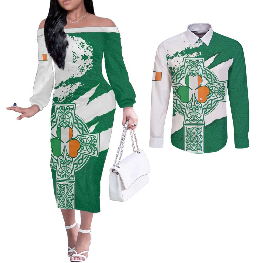 Ireland Celtic Cross Couples Matching Off The Shoulder Long Sleeve Dress and Long Sleeve Button Shirt Irish Flag Shamrock - Wonder Print Shop
