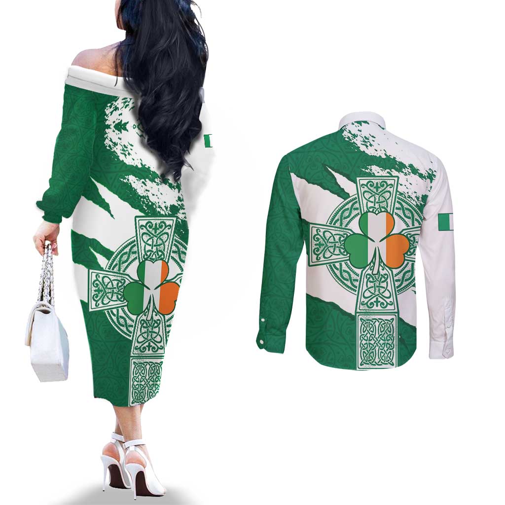 Ireland Celtic Cross Couples Matching Off The Shoulder Long Sleeve Dress and Long Sleeve Button Shirt Irish Flag Shamrock - Wonder Print Shop