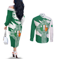 Ireland Celtic Cross Couples Matching Off The Shoulder Long Sleeve Dress and Long Sleeve Button Shirt Irish Flag Shamrock - Wonder Print Shop