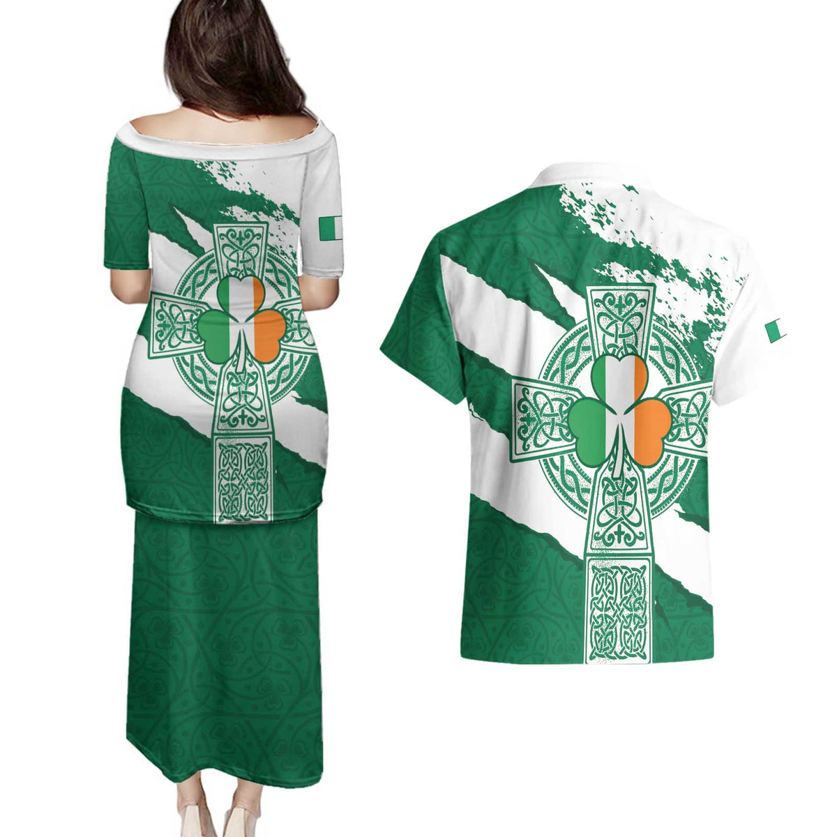 Ireland Celtic Cross Couples Matching Puletasi and Hawaiian Shirt Irish Flag Shamrock - Wonder Print Shop