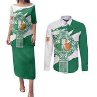 Ireland Celtic Cross Couples Matching Puletasi and Long Sleeve Button Shirt Irish Flag Shamrock - Wonder Print Shop