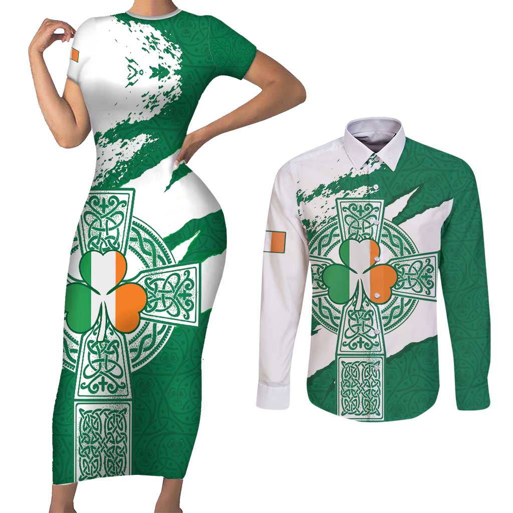Ireland Celtic Cross Couples Matching Short Sleeve Bodycon Dress and Long Sleeve Button Shirt Irish Flag Shamrock - Wonder Print Shop