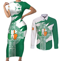 Ireland Celtic Cross Couples Matching Short Sleeve Bodycon Dress and Long Sleeve Button Shirt Irish Flag Shamrock - Wonder Print Shop