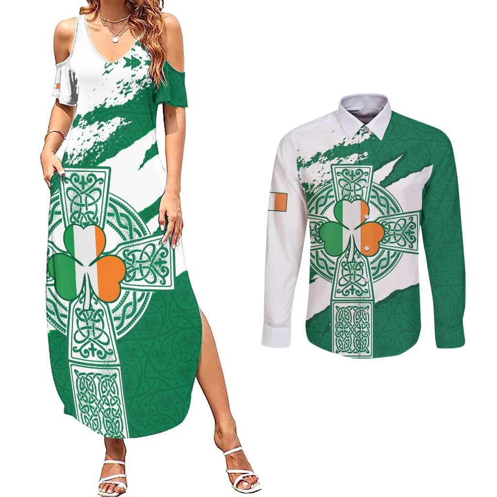 Ireland Celtic Cross Couples Matching Summer Maxi Dress and Long Sleeve Button Shirt Irish Flag Shamrock - Wonder Print Shop