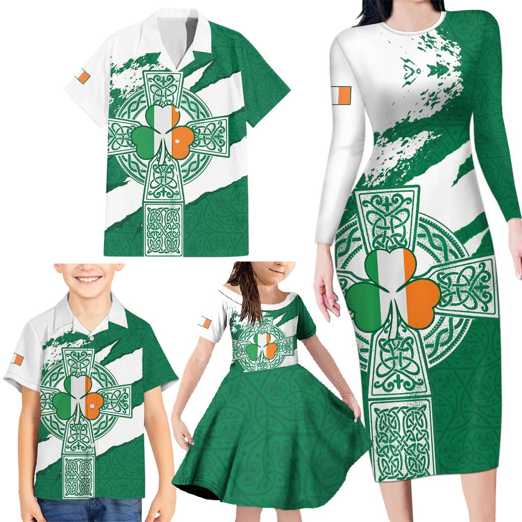 Ireland Celtic Cross Family Matching Long Sleeve Bodycon Dress and Hawaiian Shirt Irish Flag Shamrock - Wonder Print Shop