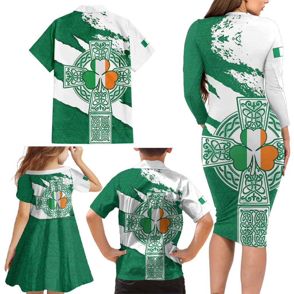 Ireland Celtic Cross Family Matching Long Sleeve Bodycon Dress and Hawaiian Shirt Irish Flag Shamrock - Wonder Print Shop