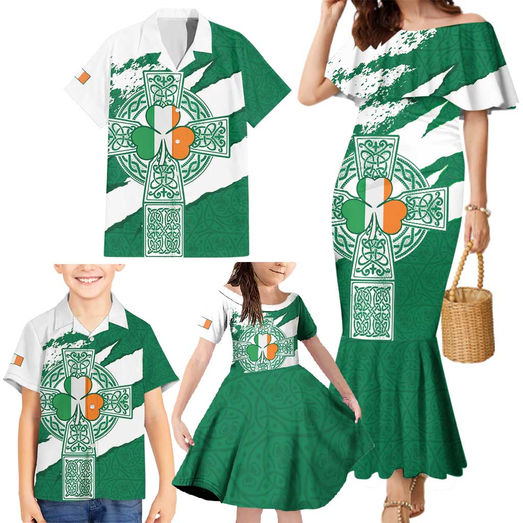 Ireland Celtic Cross Family Matching Mermaid Dress and Hawaiian Shirt Irish Flag Shamrock - Wonder Print Shop
