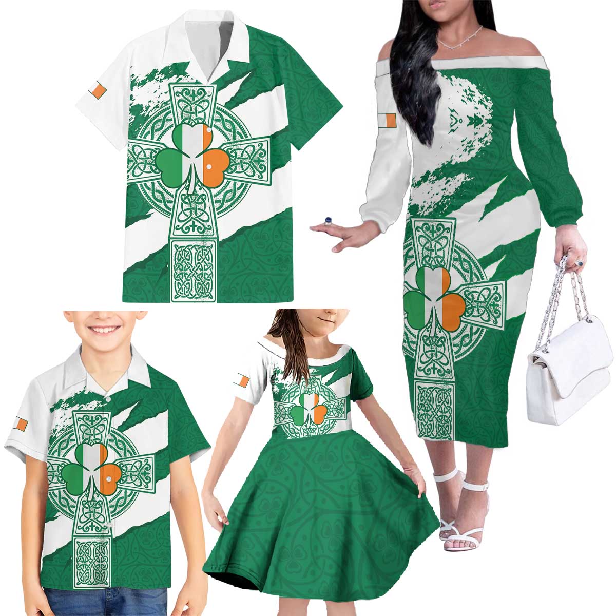 Ireland Celtic Cross Family Matching Off The Shoulder Long Sleeve Dress and Hawaiian Shirt Irish Flag Shamrock - Wonder Print Shop