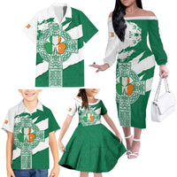 Ireland Celtic Cross Family Matching Off The Shoulder Long Sleeve Dress and Hawaiian Shirt Irish Flag Shamrock - Wonder Print Shop