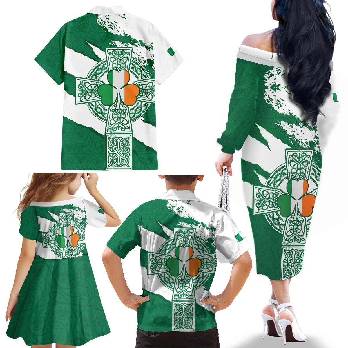 Ireland Celtic Cross Family Matching Off The Shoulder Long Sleeve Dress and Hawaiian Shirt Irish Flag Shamrock - Wonder Print Shop