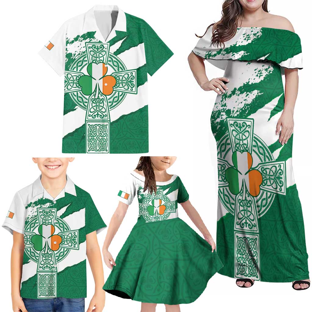 Ireland Celtic Cross Family Matching Off Shoulder Maxi Dress and Hawaiian Shirt Irish Flag Shamrock - Wonder Print Shop