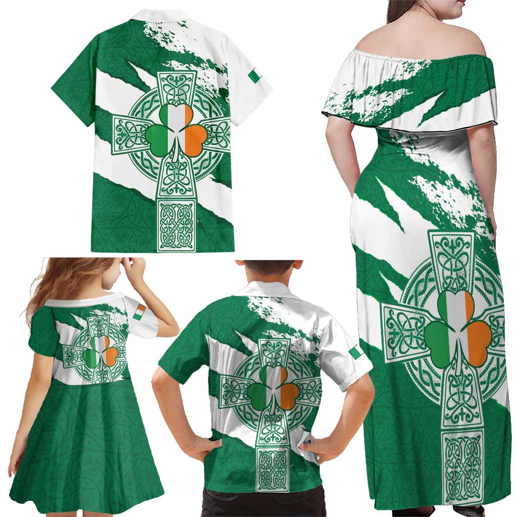 Ireland Celtic Cross Family Matching Off Shoulder Maxi Dress and Hawaiian Shirt Irish Flag Shamrock - Wonder Print Shop