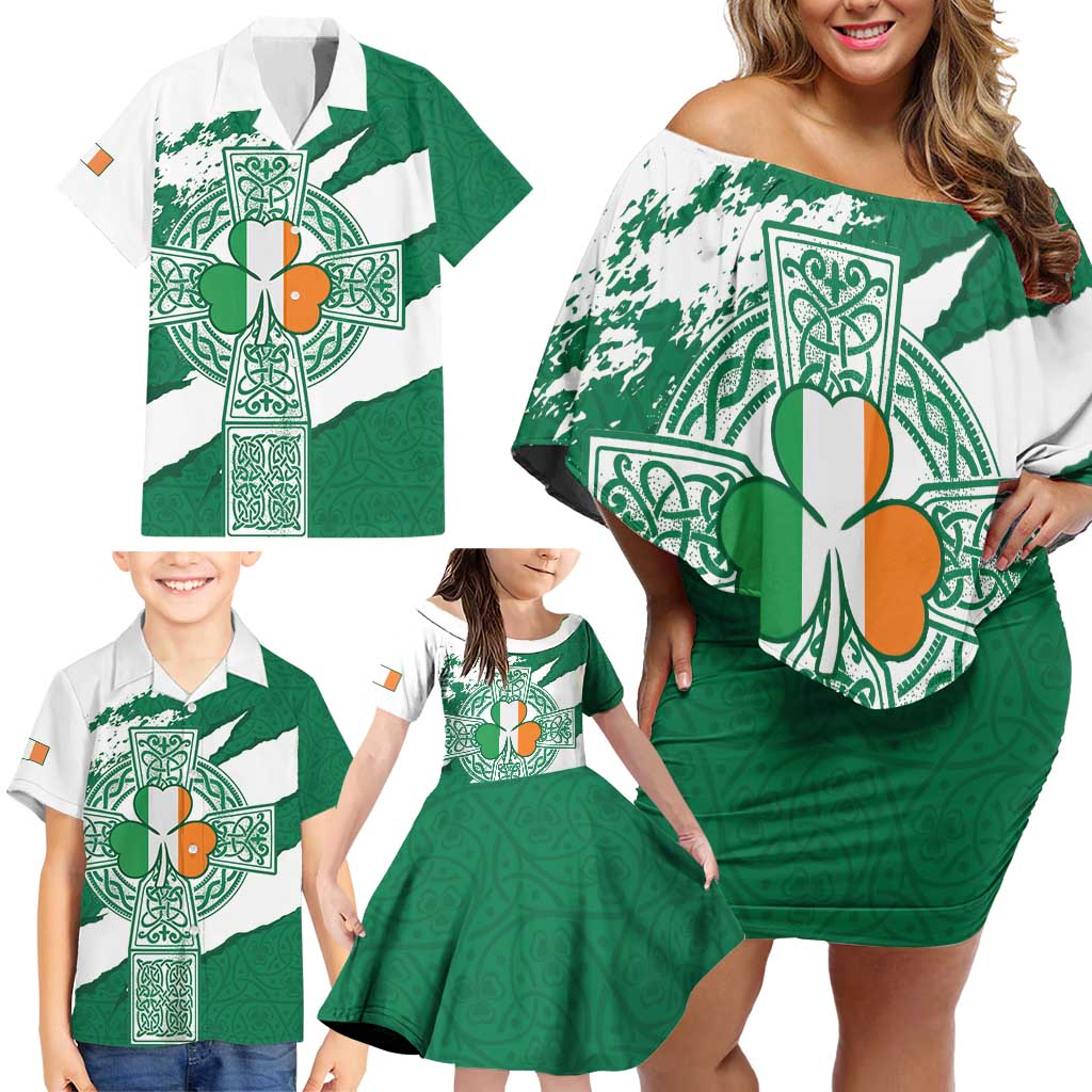 Ireland Celtic Cross Family Matching Off Shoulder Short Dress and Hawaiian Shirt Irish Flag Shamrock - Wonder Print Shop