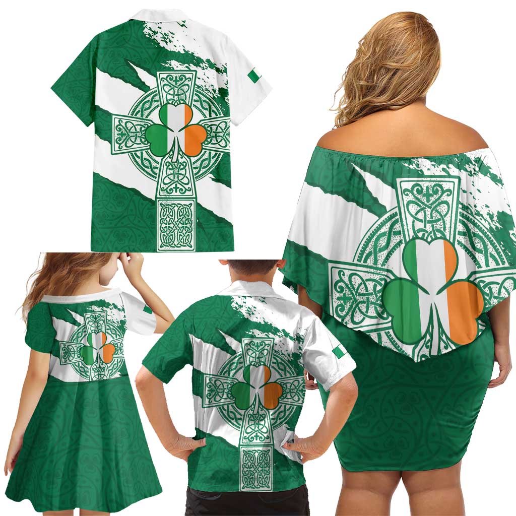 Ireland Celtic Cross Family Matching Off Shoulder Short Dress and Hawaiian Shirt Irish Flag Shamrock - Wonder Print Shop