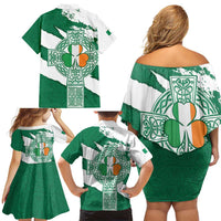 Ireland Celtic Cross Family Matching Off Shoulder Short Dress and Hawaiian Shirt Irish Flag Shamrock - Wonder Print Shop