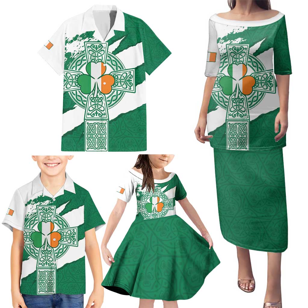 Ireland Celtic Cross Family Matching Puletasi and Hawaiian Shirt Irish Flag Shamrock - Wonder Print Shop