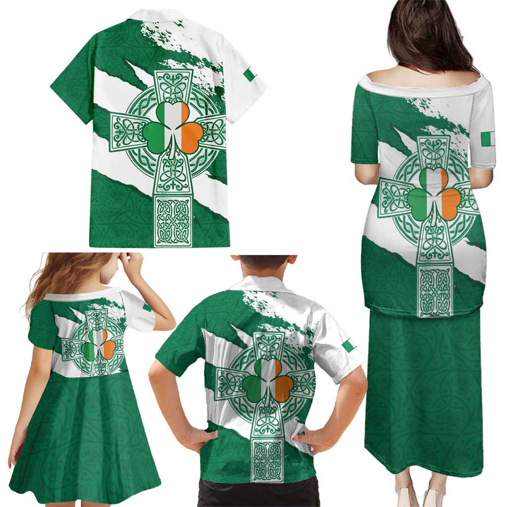 Ireland Celtic Cross Family Matching Puletasi and Hawaiian Shirt Irish Flag Shamrock - Wonder Print Shop