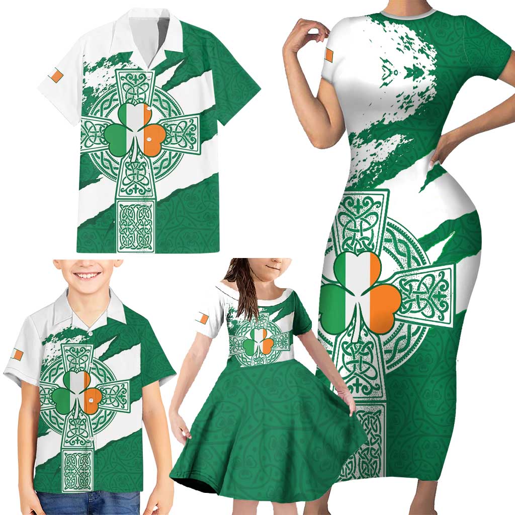 Ireland Celtic Cross Family Matching Short Sleeve Bodycon Dress and Hawaiian Shirt Irish Flag Shamrock - Wonder Print Shop