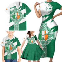 Ireland Celtic Cross Family Matching Short Sleeve Bodycon Dress and Hawaiian Shirt Irish Flag Shamrock - Wonder Print Shop