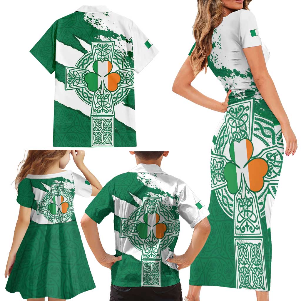 Ireland Celtic Cross Family Matching Short Sleeve Bodycon Dress and Hawaiian Shirt Irish Flag Shamrock - Wonder Print Shop
