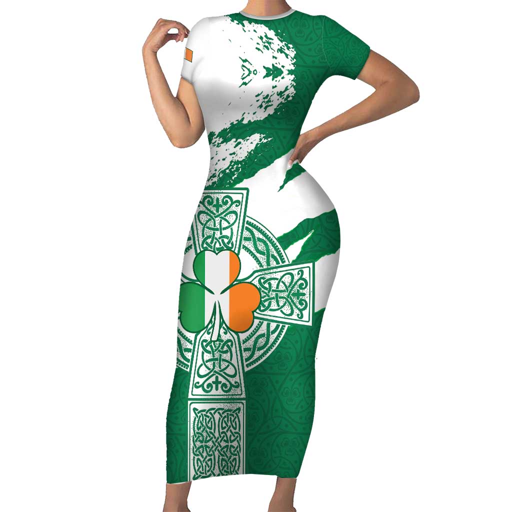Ireland Celtic Cross Family Matching Short Sleeve Bodycon Dress and Hawaiian Shirt Irish Flag Shamrock - Wonder Print Shop