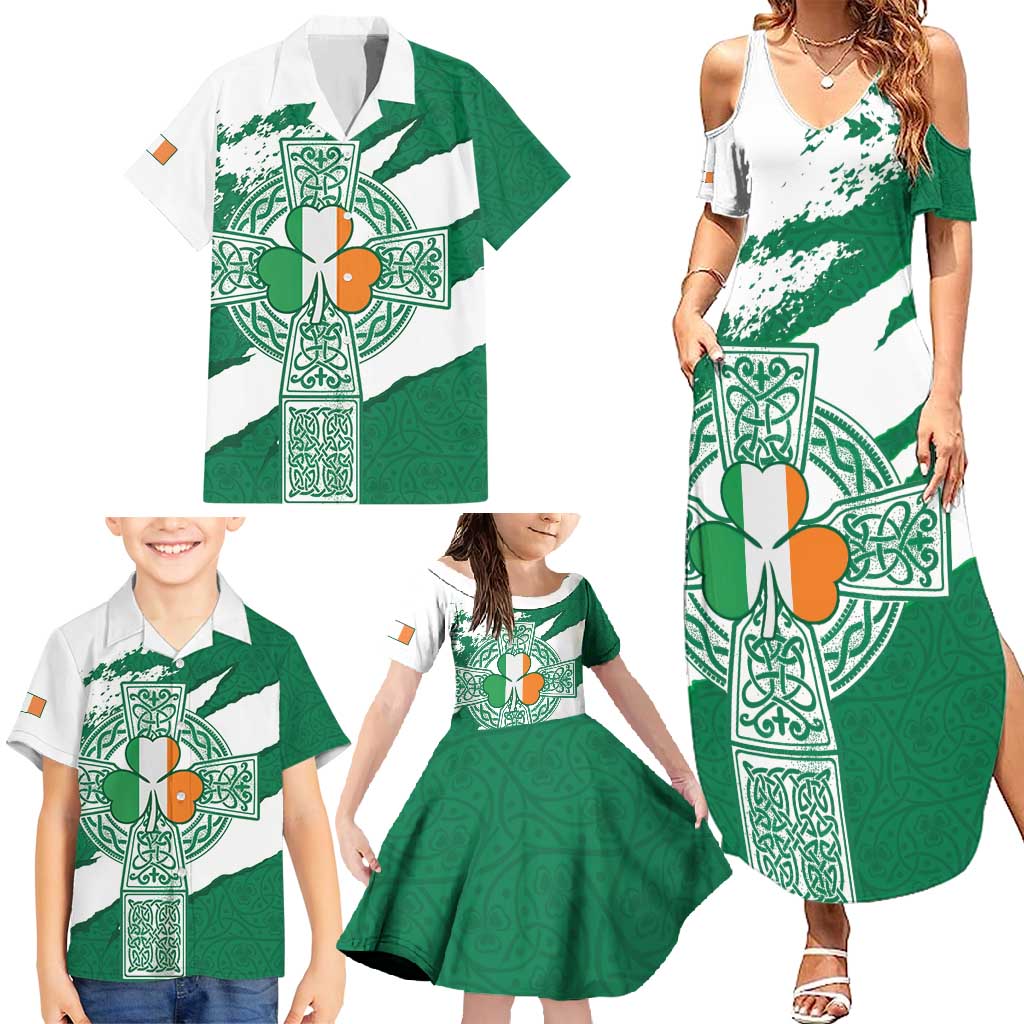 Ireland Celtic Cross Family Matching Summer Maxi Dress and Hawaiian Shirt Irish Flag Shamrock - Wonder Print Shop