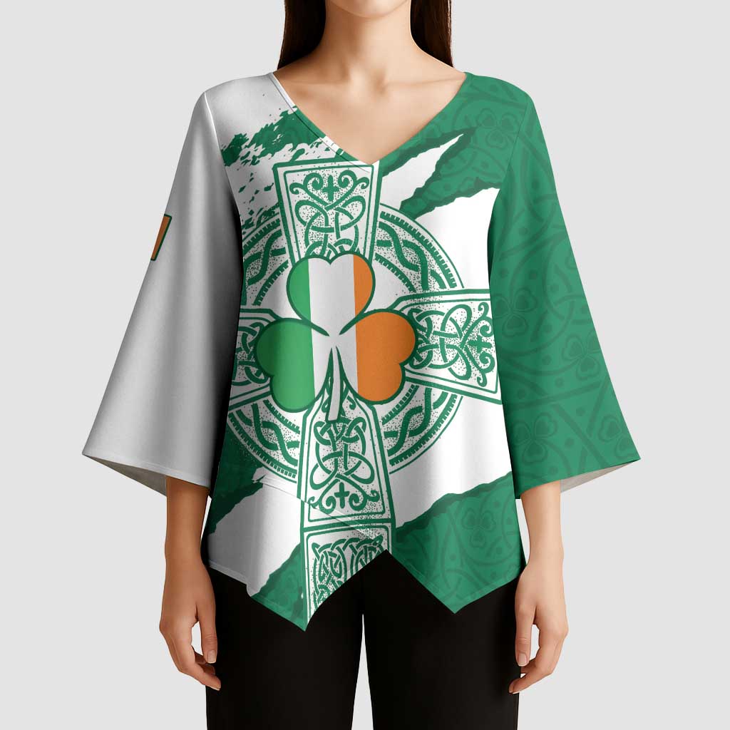 Ireland Celtic Cross Kimono Sleeve Blouse Irish Flag Shamrock - Wonder Print Shop