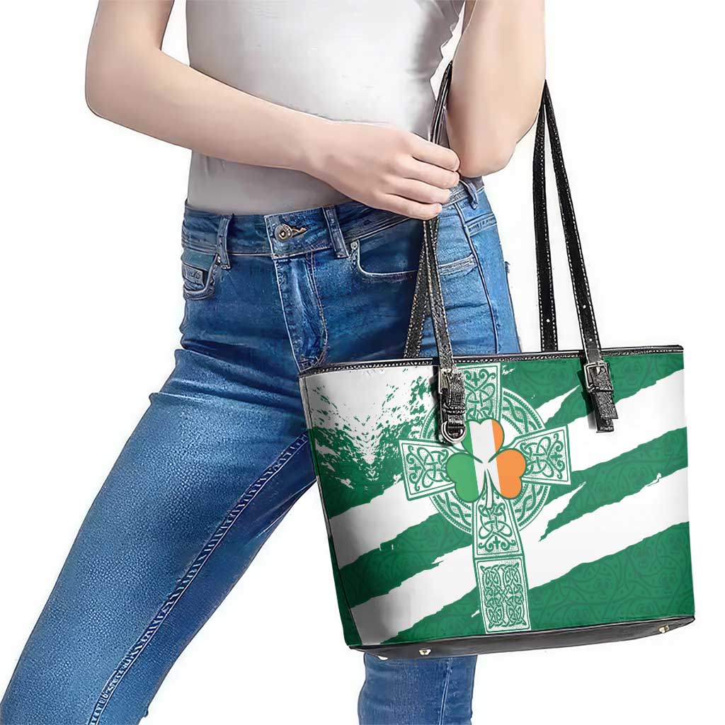 Ireland Celtic Cross Leather Tote Bag Irish Flag Shamrock - Wonder Print Shop