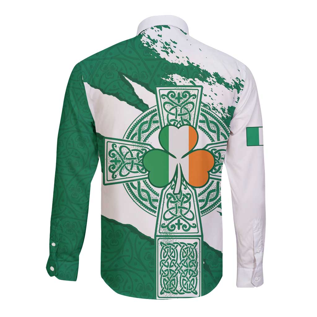 Ireland Celtic Cross Long Sleeve Button Shirt Irish Flag Shamrock - Wonder Print Shop