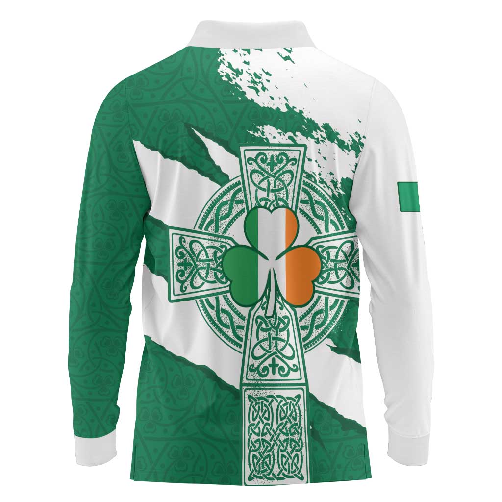 Ireland Celtic Cross Long Sleeve Polo Shirt Irish Flag Shamrock - Wonder Print Shop