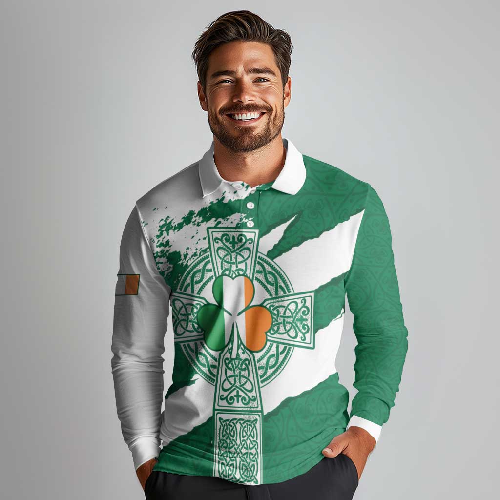 Ireland Celtic Cross Long Sleeve Polo Shirt Irish Flag Shamrock - Wonder Print Shop