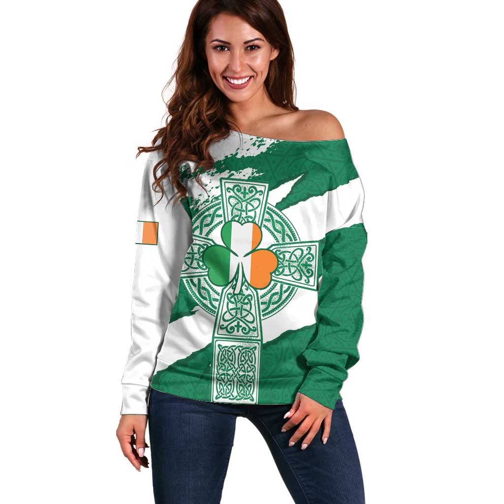 Ireland Celtic Cross Off Shoulder Sweater Irish Flag Shamrock - Wonder Print Shop