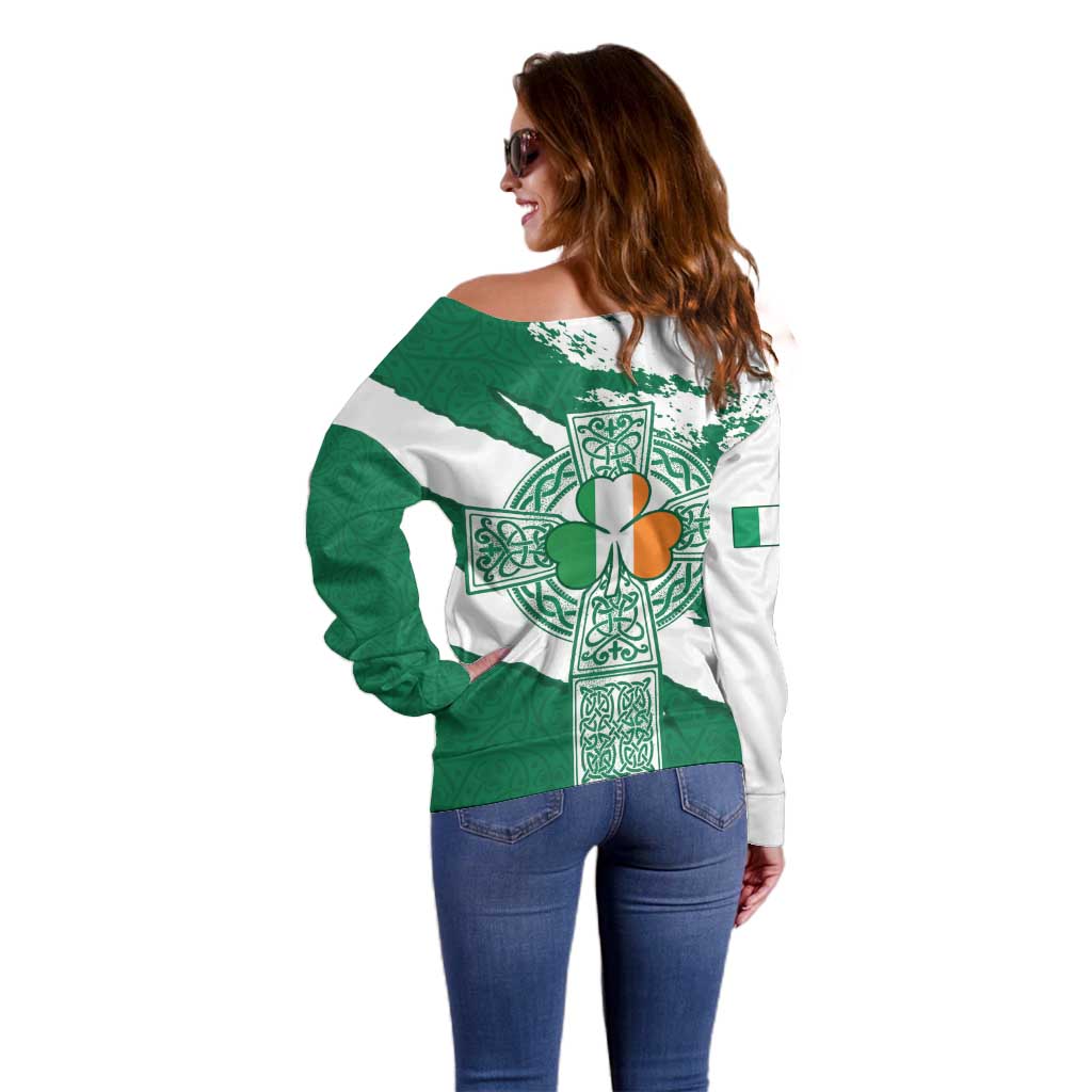 Ireland Celtic Cross Off Shoulder Sweater Irish Flag Shamrock - Wonder Print Shop