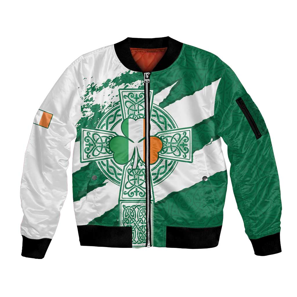 Ireland Celtic Cross Sleeve Zip Bomber Jacket Irish Flag Shamrock - Wonder Print Shop