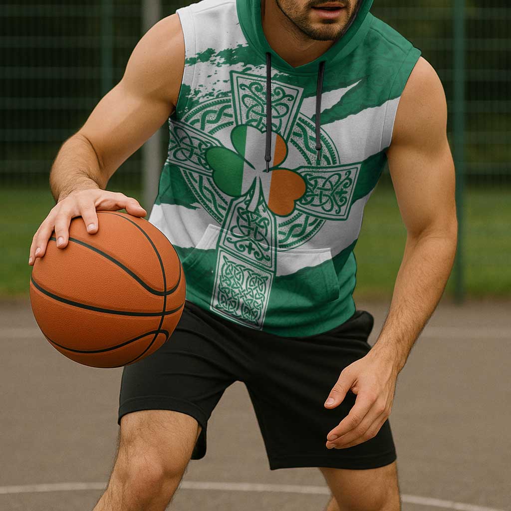 Ireland Celtic Cross Sleeveless Hoodie Irish Flag Shamrock - Wonder Print Shop