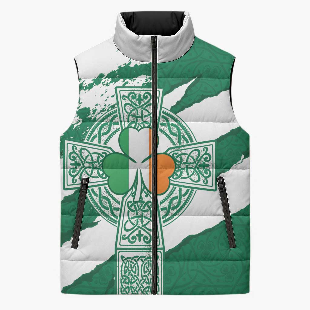 Ireland Celtic Cross Sleeveless Puffer Jacket Irish Flag Shamrock - Wonder Print Shop