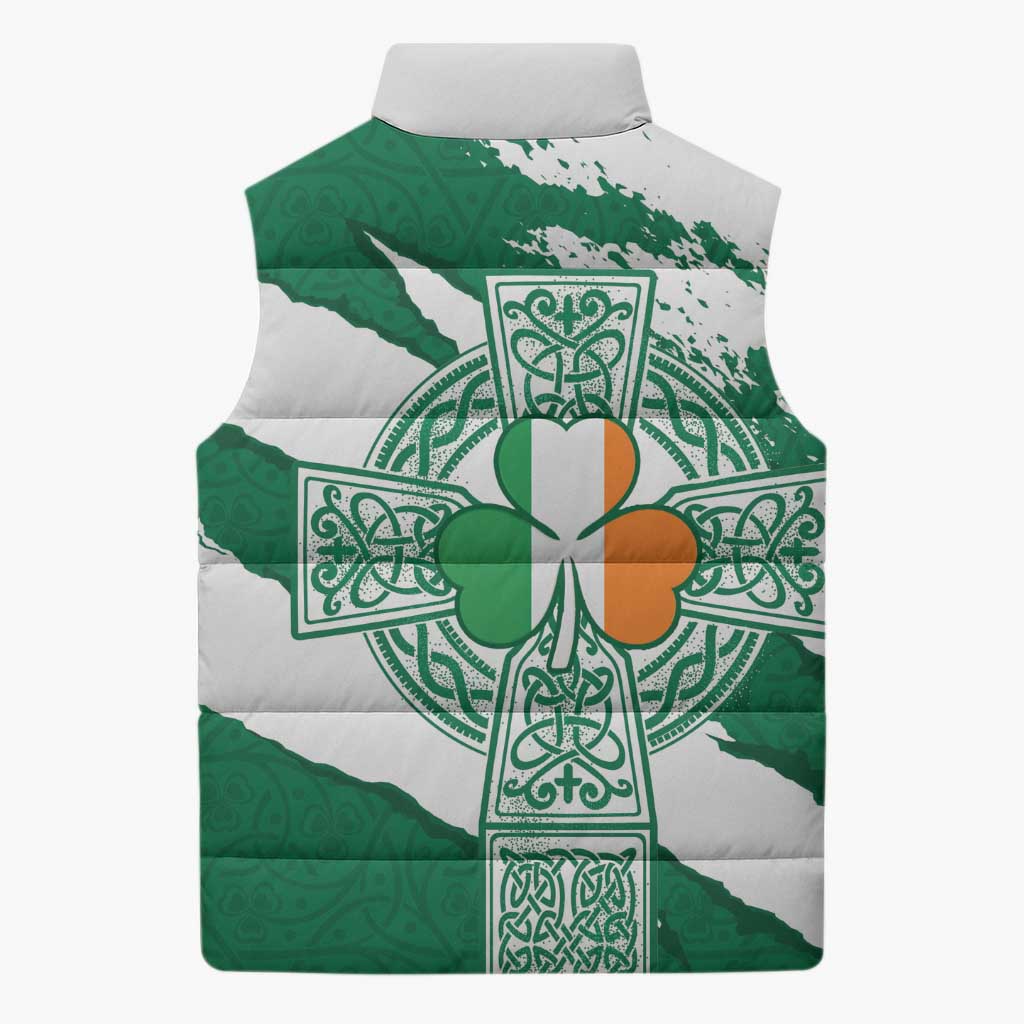 Ireland Celtic Cross Sleeveless Puffer Jacket Irish Flag Shamrock - Wonder Print Shop