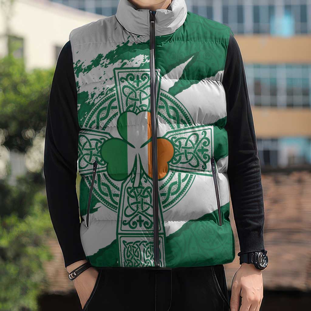 Ireland Celtic Cross Sleeveless Puffer Jacket Irish Flag Shamrock - Wonder Print Shop