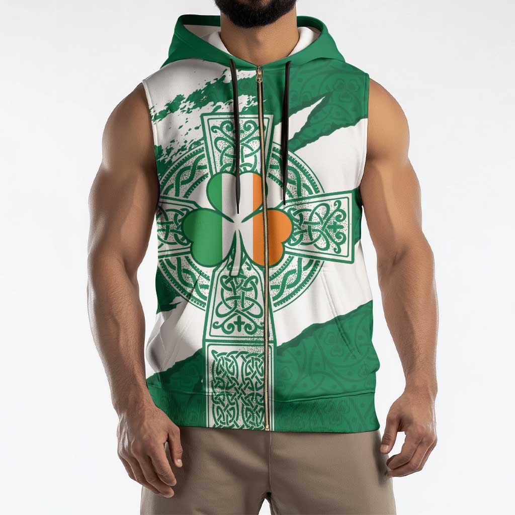 Ireland Celtic Cross Sleeveless Zip Hoodie Irish Flag Shamrock - Wonder Print Shop