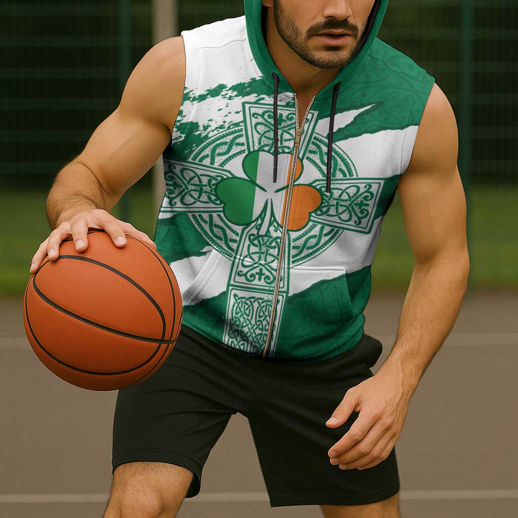 Ireland Celtic Cross Sleeveless Zip Hoodie Irish Flag Shamrock - Wonder Print Shop