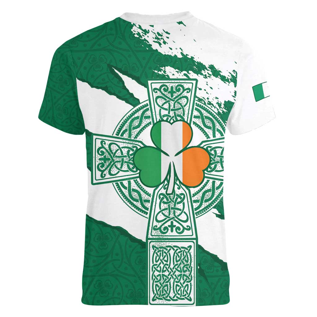 Ireland Celtic Cross Women V-Neck T-Shirt Irish Flag Shamrock - Wonder Print Shop