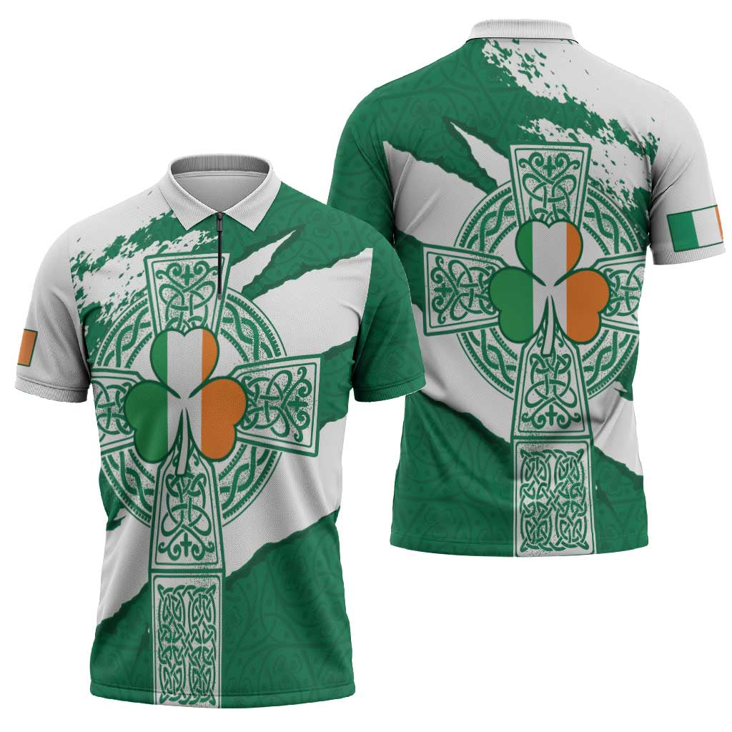 Ireland Celtic Cross Zipper Polo Shirt Irish Flag Shamrock - Wonder Print Shop