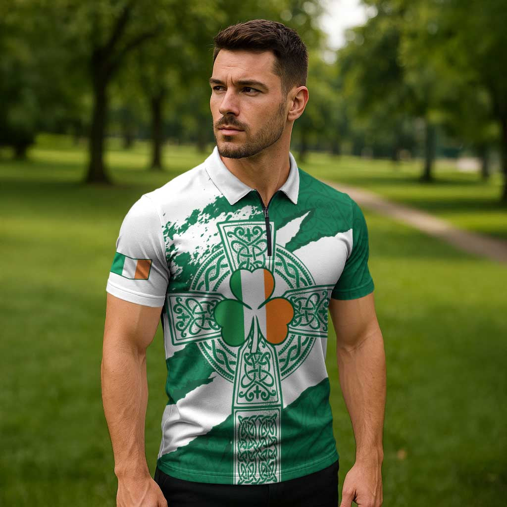 Ireland Celtic Cross Zipper Polo Shirt Irish Flag Shamrock - Wonder Print Shop
