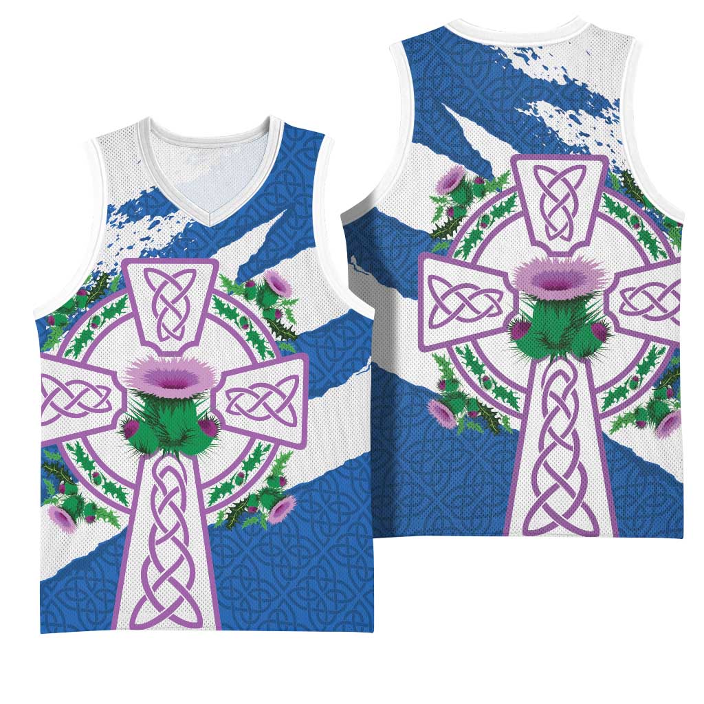 Scotland Celtic Cross Basketball Jersey Thistle Flowers - Wonder Print Shop