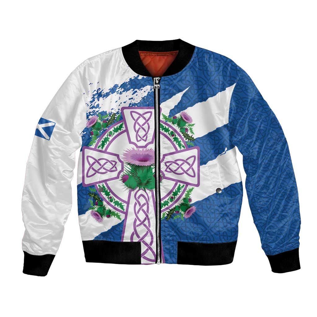 Scotland Celtic Cross Bomber Jacket Thistle Flowers - Wonder Print Shop