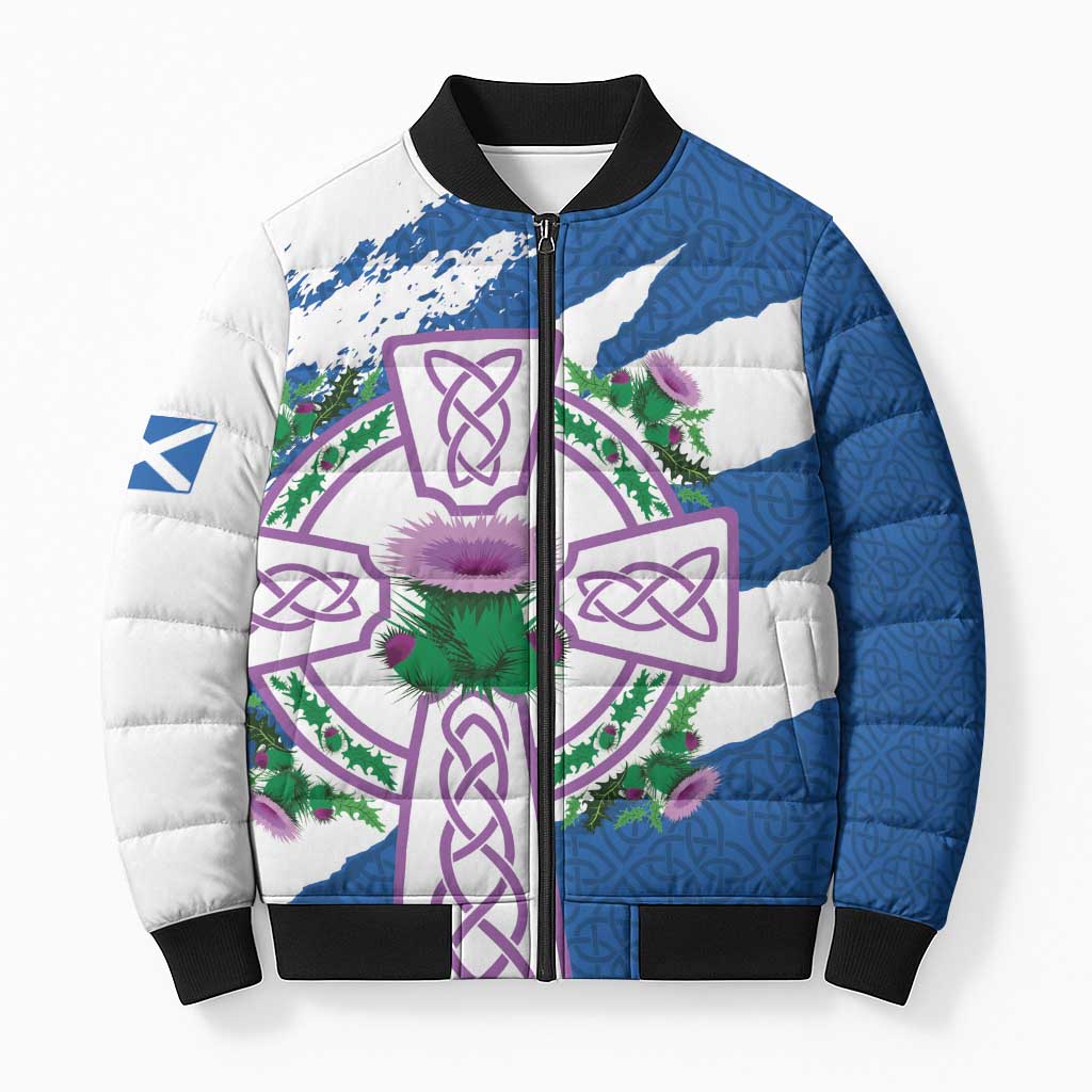 Scotland Celtic Cross Bomber Puffer Jacket Thistle Flowers - Wonder Print Shop